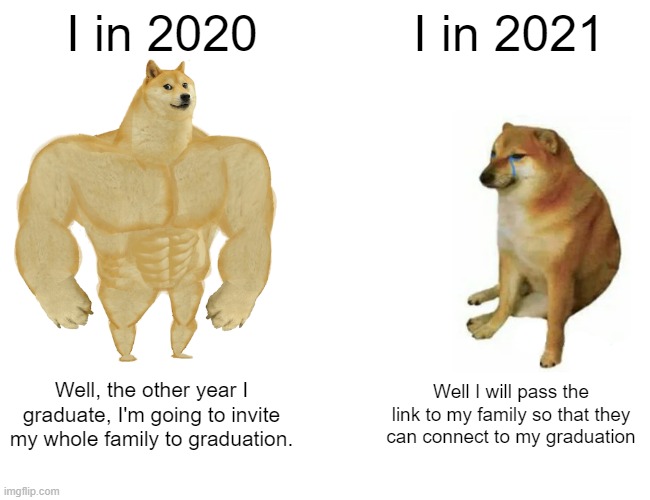 COVID-19 | I in 2020; I in 2021; Well, the other year I graduate, I'm going to invite my whole family to graduation. Well I will pass the link to my family so that they can connect to my graduation | image tagged in memes,buff doge vs cheems | made w/ Imgflip meme maker