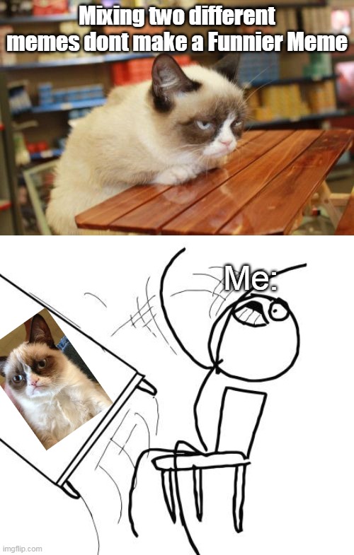 Mixing two different memes dont make a Funnier Meme; Me: | image tagged in memes,grumpy cat table,table flip guy | made w/ Imgflip meme maker