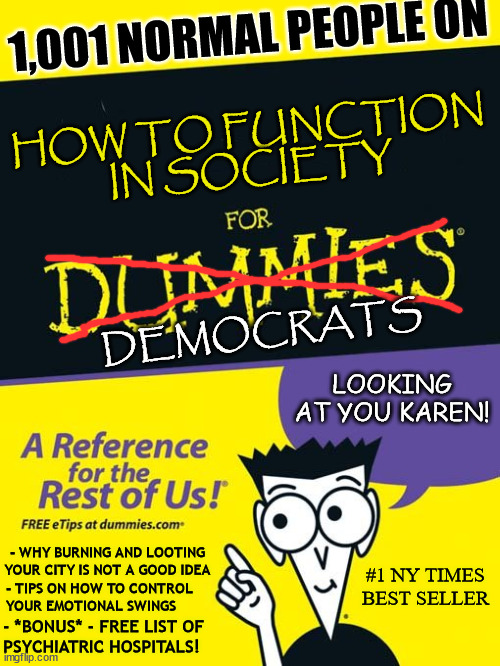 For dummies book | 1,001 NORMAL PEOPLE ON; HOW TO FUNCTION IN SOCIETY; DEMOCRATS; LOOKING AT YOU KAREN! - WHY BURNING AND LOOTING YOUR CITY IS NOT A GOOD IDEA; #1 NY TIMES BEST SELLER; - TIPS ON HOW TO CONTROL 
YOUR EMOTIONAL SWINGS; - *BONUS* - FREE LIST OF 
PSYCHIATRIC HOSPITALS! | image tagged in for dummies book | made w/ Imgflip meme maker