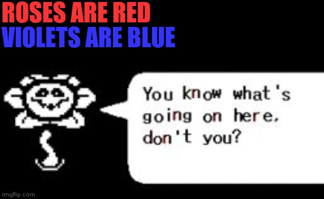 You know what's going on, don't you? | ROSES ARE RED; VIOLETS ARE BLUE | image tagged in you know what's going on don't you | made w/ Imgflip meme maker