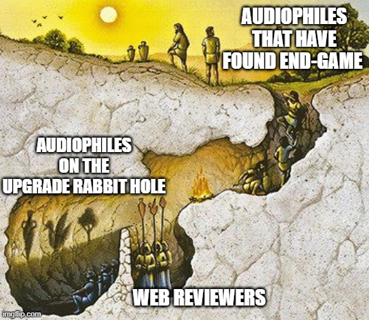 Audiophile meme | AUDIOPHILES THAT HAVE FOUND END-GAME; AUDIOPHILES ON THE UPGRADE RABBIT HOLE; WEB REVIEWERS | image tagged in plato cave | made w/ Imgflip meme maker
