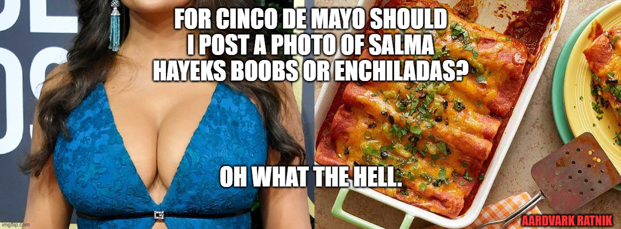 Salma Hayek Cinco de Mayo | FOR CINCO DE MAYO SHOULD I POST A PHOTO OF SALMA HAYEKS BOOBS OR ENCHILADAS? OH WHAT THE HELL. AARDVARK RATNIK | image tagged in cinco de mayo,funny memes,happy mexican,mexican fiesta,sexy women | made w/ Imgflip meme maker