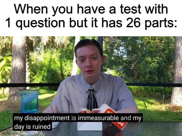 It's long | When you have a test with 1 question but it has 26 parts: | image tagged in my day is ruined,memes,funny,long test | made w/ Imgflip meme maker