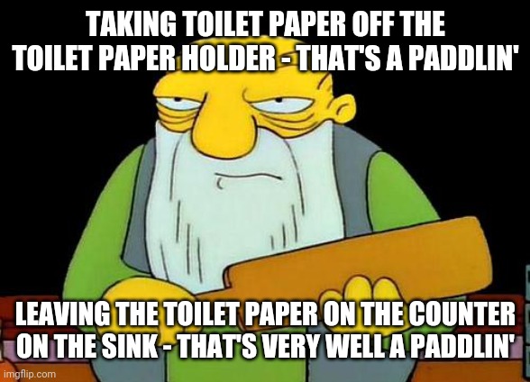 Don't u know how to put toilet paper in the right spots | TAKING TOILET PAPER OFF THE TOILET PAPER HOLDER - THAT'S A PADDLIN'; LEAVING THE TOILET PAPER ON THE COUNTER ON THE SINK - THAT'S VERY WELL A PADDLIN' | image tagged in memes,that's a paddlin',dank memes,toilet paper | made w/ Imgflip meme maker