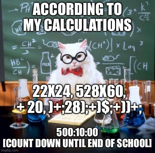 Chemistry Cat Meme | ACCORDING TO MY CALCULATIONS; 22X24, 528X60, + 20, )+;28);+)$;+))+;; 500:10:00
[COUNT DOWN UNTIL END OF SCHOOL] | image tagged in memes,chemistry cat | made w/ Imgflip meme maker