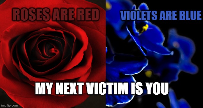 yes | VIOLETS ARE BLUE; ROSES ARE RED; MY NEXT VICTIM IS YOU | image tagged in roses are red violets are blue | made w/ Imgflip meme maker