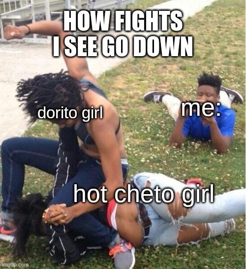 turf war | HOW FIGHTS I SEE GO DOWN; me:; dorito girl; hot cheto girl | image tagged in guy recording a fight,fight,black girl wat,girl | made w/ Imgflip meme maker