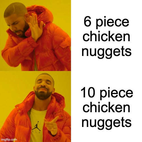 chicken nugget | 6 piece chicken nuggets; 10 piece chicken nuggets | image tagged in memes,drake hotline bling | made w/ Imgflip meme maker