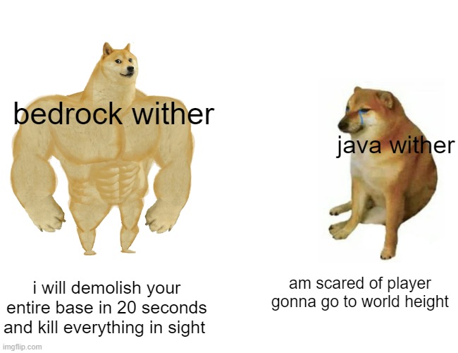 Buff Doge vs. Cheems | bedrock wither; java wither; i will demolish your entire base in 20 seconds and kill everything in sight; am scared of player gonna go to world height | image tagged in memes,buff doge vs cheems | made w/ Imgflip meme maker