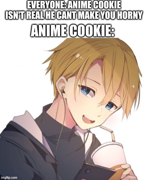 OH GAWDDDDD XD HE'S SO CUTTEEEEE | EVERYONE: ANIME COOKIE ISN'T REAL HE CANT MAKE YOU HORNY; ANIME COOKIE: | image tagged in blank white template,anime cookie | made w/ Imgflip meme maker