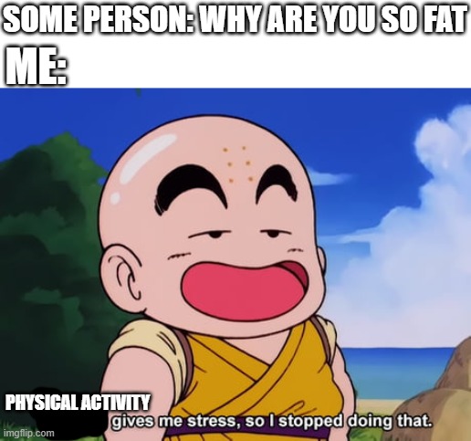 Krillin thinking gives me stress | SOME PERSON: WHY ARE YOU SO FAT; ME:; PHYSICAL ACTIVITY | image tagged in krillin thinking gives me stress | made w/ Imgflip meme maker