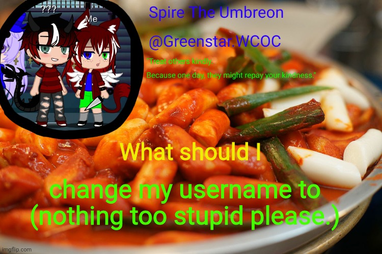 Spire's tteokbokki announcment temp | What should I; change my username to (nothing too stupid please.) | image tagged in spire's tteokbokki announcment temp | made w/ Imgflip meme maker