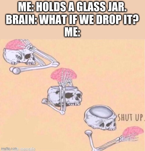 SHUT UP! | ME: HOLDS A GLASS JAR.
BRAIN: WHAT IF WE DROP IT?
ME: | image tagged in skeleton shut up meme | made w/ Imgflip meme maker