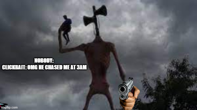 NOBODY: 
CLICKBAIT: OMG HE CHASED ME AT 3AM | image tagged in clickbait | made w/ Imgflip meme maker