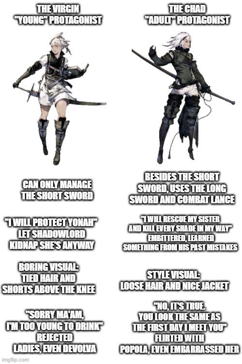 Young Nier vs Adult Nier | THE VIRGIN "YOUNG" PROTAGONIST; THE CHAD "ADULT" PROTAGONIST; BESIDES THE SHORT SWORD, USES THE LONG SWORD AND COMBAT LANCE; CAN ONLY MANAGE THE SHORT SWORD; "I WILL RESCUE MY SISTER AND KILL EVERY SHADE IN MY WAY"
 EMBITTERED, LEARNED SOMETHING FROM HIS PAST MISTAKES; "I WILL PROTECT YONAH" 
LET SHADOWLORD KIDNAP SHE'S ANYWAY; STYLE VISUAL: 
LOOSE HAIR AND NICE JACKET; BORING VISUAL: TIED HAIR AND SHORTS ABOVE THE KNEE; "NO, IT'S TRUE. YOU LOOK THE SAME AS THE FIRST DAY I MEET YOU"
FLIRTED WITH POPOLA, EVEN EMBARRASSED HER; "SORRY MA'AM, I'M TOO YOUNG TO DRINK"
REJECTED LADIES, EVEN DEVOLVA | image tagged in nier,replicant,gestalt,virgin vs chad | made w/ Imgflip meme maker