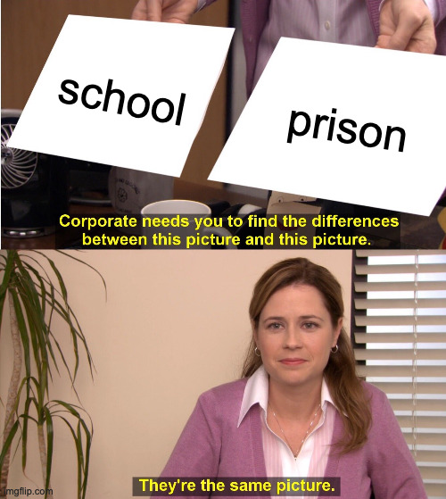 school = prison | school; prison | image tagged in memes,they're the same picture,school,prison,school meme,no | made w/ Imgflip meme maker