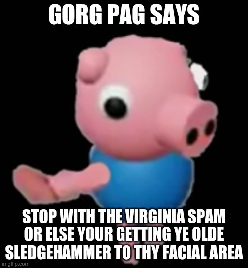 gorg pag | GORG PAG SAYS; STOP WITH THE VIRGINIA SPAM OR ELSE YOUR GETTING YE OLDE SLEDGEHAMMER TO THY FACIAL AREA | made w/ Imgflip meme maker