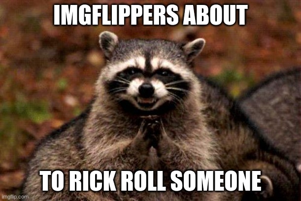 I mean its tru | IMGFLIPPERS ABOUT; TO RICK ROLL SOMEONE | image tagged in memes,evil plotting raccoon | made w/ Imgflip meme maker