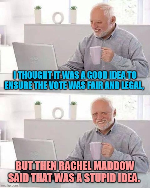 Hide the Pain Harold | I THOUGHT IT WAS A GOOD IDEA TO ENSURE THE VOTE WAS FAIR AND LEGAL, BUT THEN RACHEL MADDOW SAID THAT WAS A STUPID IDEA. | image tagged in memes,hide the pain harold | made w/ Imgflip meme maker