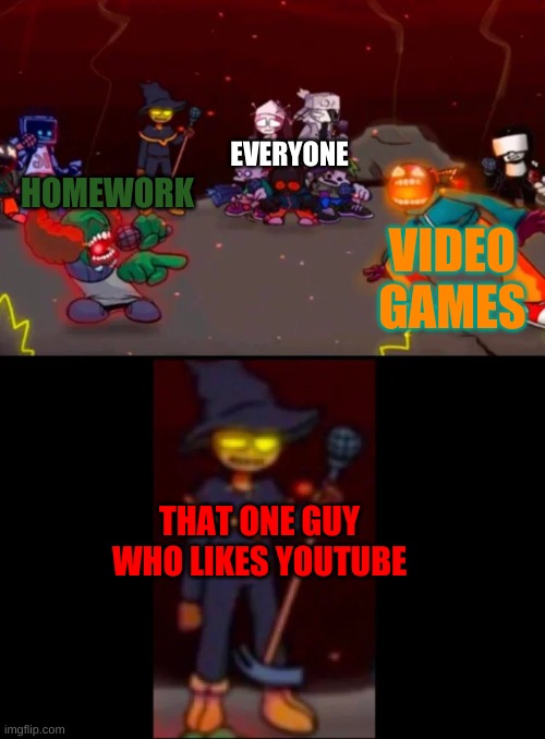 E |  EVERYONE; VIDEO GAMES; HOMEWORK; THAT ONE GUY WHO LIKES YOUTUBE | image tagged in zardy's pure dissapointment | made w/ Imgflip meme maker