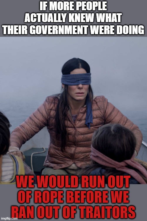 Bird Box Meme | IF MORE PEOPLE ACTUALLY KNEW WHAT THEIR GOVERNMENT WERE DOING; WE WOULD RUN OUT OF ROPE BEFORE WE RAN OUT OF TRAITORS | image tagged in memes,bird box | made w/ Imgflip meme maker