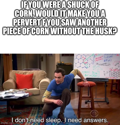I don't need sleep I need answers | IF YOU WERE A SHUCK OF CORN, WOULD IT MAKE YOU A PERVERT F YOU SAW ANOTHER PIECE OF CORN WITHOUT THE HUSK? | image tagged in i don't need sleep i need answers,corn | made w/ Imgflip meme maker
