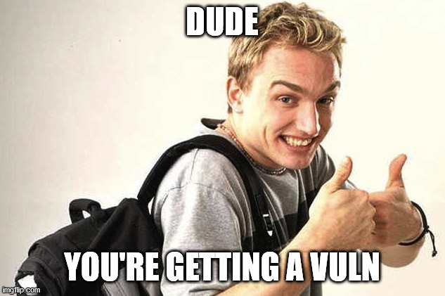 Dude You're Getting a Dell |  DUDE; YOU'RE GETTING A VULN | image tagged in dude you're getting a dell | made w/ Imgflip meme maker