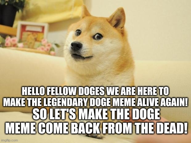 Make doges great again! | HELLO FELLOW DOGES WE ARE HERE TO MAKE THE LEGENDARY DOGE MEME ALIVE AGAIN! SO LET'S MAKE THE DOGE MEME COME BACK FROM THE DEAD! | image tagged in memes,doge 2,doge,dogs,cute | made w/ Imgflip meme maker