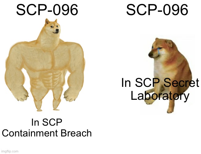 Buff Doge vs. Cheems Meme | SCP-096; SCP-096; In SCP Secret Laboratory; In SCP Containment Breach | image tagged in memes,buff doge vs cheems | made w/ Imgflip meme maker