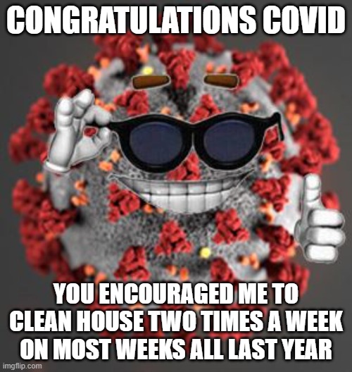 the meme says all | CONGRATULATIONS COVID; YOU ENCOURAGED ME TO CLEAN HOUSE TWO TIMES A WEEK ON MOST WEEKS ALL LAST YEAR | image tagged in coronavirus,memes,cleaning | made w/ Imgflip meme maker