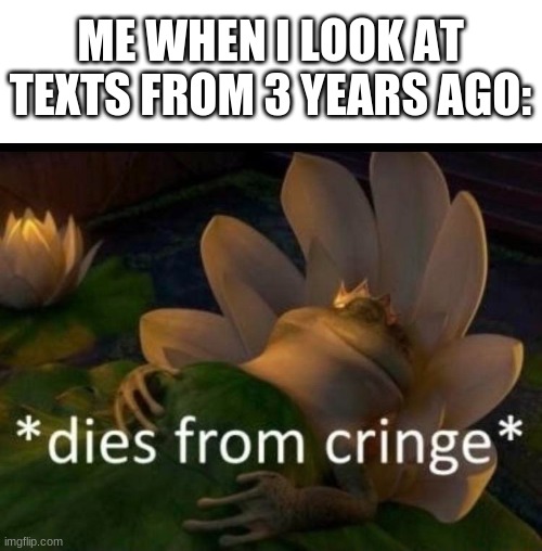 *dies of cringe* | ME WHEN I LOOK AT TEXTS FROM 3 YEARS AGO: | image tagged in dies of cringe | made w/ Imgflip meme maker