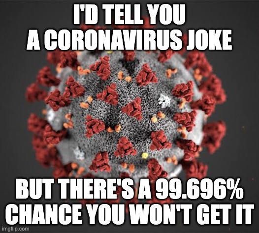 Don't be a dumbass | I'D TELL YOU A CORONAVIRUS JOKE; BUT THERE'S A 99.696% CHANCE YOU WON'T GET IT | image tagged in corona virus | made w/ Imgflip meme maker
