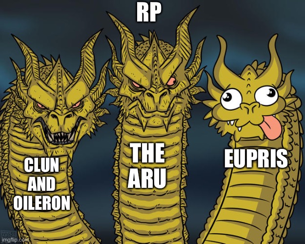 Three-headed Dragon | RP; THE ARU; EUPRIS; CLUN AND OILERON | image tagged in three-headed dragon | made w/ Imgflip meme maker