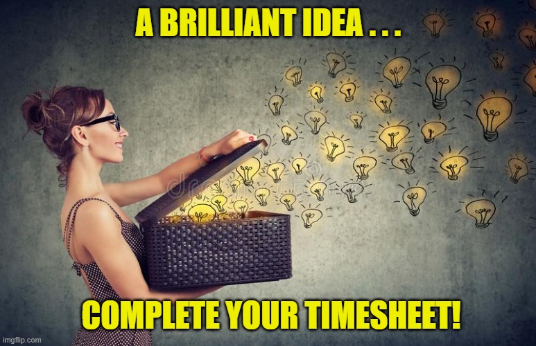 brilliant idea timesheet reminder | A BRILLIANT IDEA . . . COMPLETE YOUR TIMESHEET! | image tagged in brilliant idea timesheet reminder,timesheet meme,timesheet reminder,ideas | made w/ Imgflip meme maker