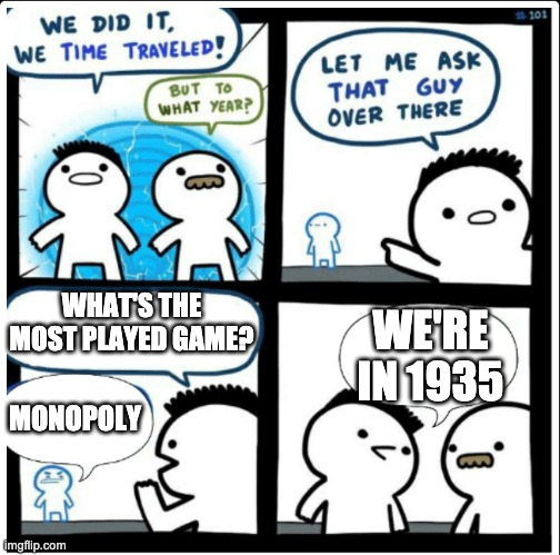 Time travel | WHAT'S THE MOST PLAYED GAME? WE'RE IN 1935; MONOPOLY | image tagged in time travel | made w/ Imgflip meme maker