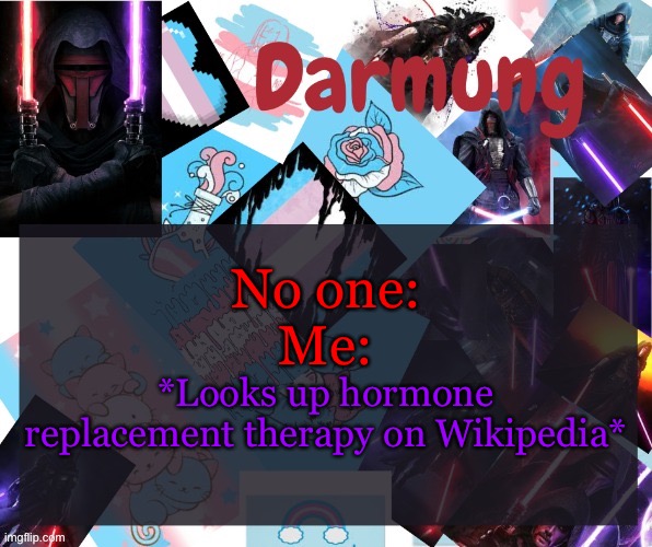 Darmug's announcement template | No one:
Me:; *Looks up hormone replacement therapy on Wikipedia* | image tagged in darmug's announcement template | made w/ Imgflip meme maker