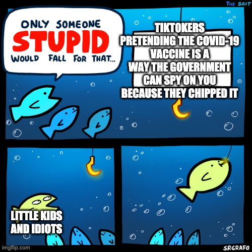 Only Someone Stupid SrGrafo | TIKTOKERS PRETENDING THE COVID-19 VACCINE IS A WAY THE GOVERNMENT CAN SPY ON YOU BECAUSE THEY CHIPPED IT; LITTLE KIDS AND IDIOTS | image tagged in only someone stupid srgrafo | made w/ Imgflip meme maker