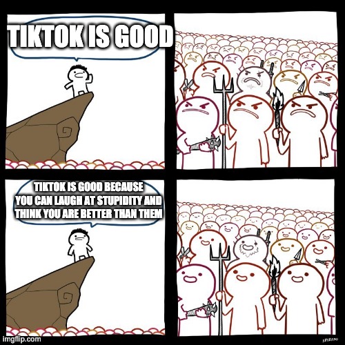 SrGrafo's Angry/Happy Mob |  TIKTOK IS GOOD; TIKTOK IS GOOD BECAUSE YOU CAN LAUGH AT STUPIDITY AND THINK YOU ARE BETTER THAN THEM | image tagged in srgrafo's angry/happy mob | made w/ Imgflip meme maker