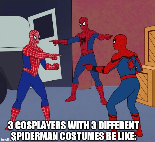 Spider Man Triple | 3 COSPLAYERS WITH 3 DIFFERENT SPIDERMAN COSTUMES BE LIKE: | image tagged in spider man triple | made w/ Imgflip meme maker