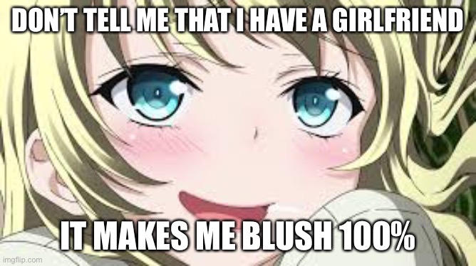 Blushing anime | DON’T TELL ME THAT I HAVE A GIRLFRIEND; IT MAKES ME BLUSH 100% | image tagged in blushing anime | made w/ Imgflip meme maker