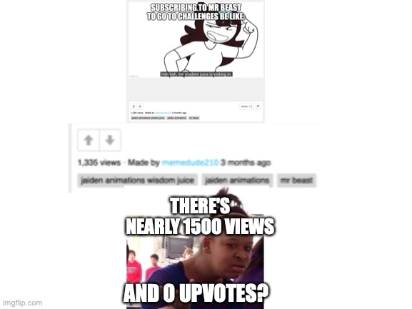 Not upvote begging but just shocked that not a single upvote on a pretty popular meme | THERE'S NEARLY 1500 VIEWS; AND 0 UPVOTES? | image tagged in blank white template,upvotes,mr beast,jaiden animations,black girl wat,memes | made w/ Imgflip meme maker