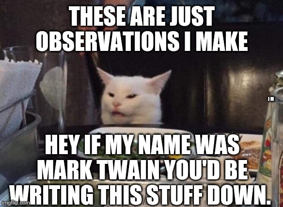 Salad cat | THESE ARE JUST OBSERVATIONS I MAKE; J M; HEY IF MY NAME WAS MARK TWAIN YOU'D BE WRITING THIS STUFF DOWN. | image tagged in salad cat | made w/ Imgflip meme maker