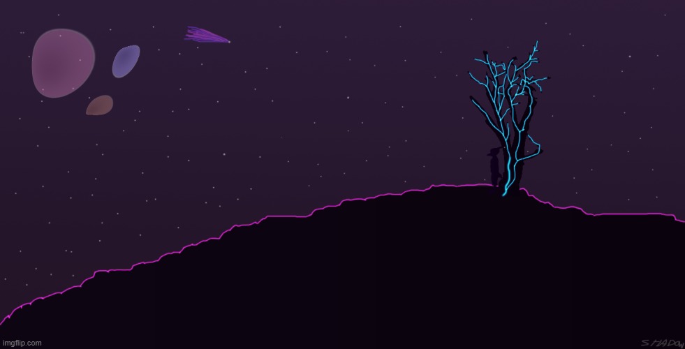 Just the night sky of Taloon-4c,the home planet of my feathersona Shadow.And yes, I did do this digitally. It's got my watermark | made w/ Imgflip meme maker