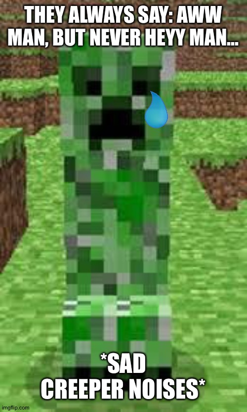 Poor creeper | THEY ALWAYS SAY: AWW MAN, BUT NEVER HEYY MAN... *SAD CREEPER NOISES* | image tagged in creeper | made w/ Imgflip meme maker