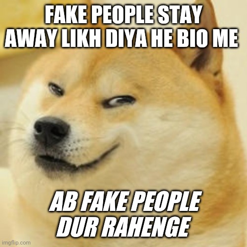 evil doge | FAKE PEOPLE STAY AWAY LIKH DIYA HE BIO ME; AB FAKE PEOPLE DUR RAHENGE | image tagged in evil doge | made w/ Imgflip meme maker