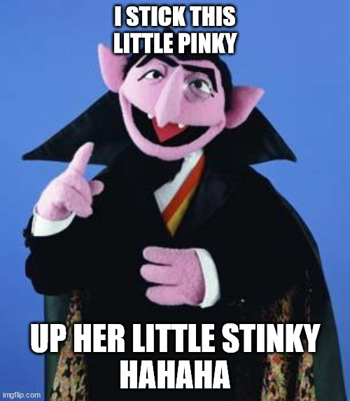 I put | I STICK THIS LITTLE PINKY; UP HER LITTLE STINKY
HAHAHA | image tagged in the count | made w/ Imgflip meme maker