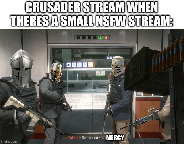 no russian | CRUSADER STREAM WHEN THERES A SMALL NSFW STREAM:; MERCY | image tagged in no russian | made w/ Imgflip meme maker