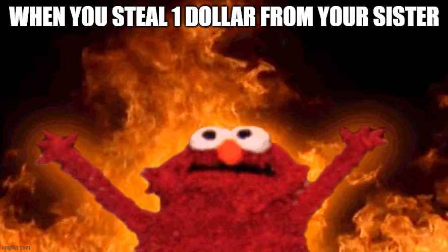 elmo fire | WHEN YOU STEAL 1 DOLLAR FROM YOUR SISTER | image tagged in elmo fire | made w/ Imgflip meme maker