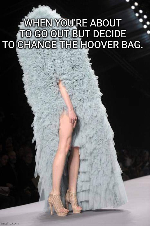 Vacuum Fashion |  WHEN YOU'RE ABOUT TO GO OUT BUT DECIDE TO CHANGE THE HOOVER BAG. | image tagged in fashion faux pas,vacuum,fashion,models | made w/ Imgflip meme maker