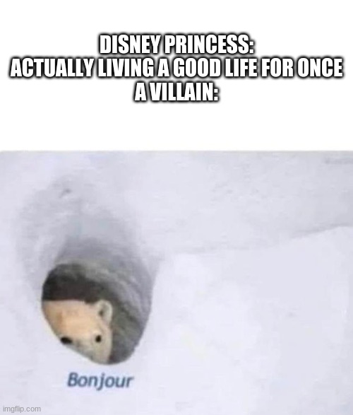Disney Princess | DISNEY PRINCESS: ACTUALLY LIVING A GOOD LIFE FOR ONCE
A VILLAIN: | image tagged in bonjour,memes,funny,triangles are sharp,why,disney | made w/ Imgflip meme maker